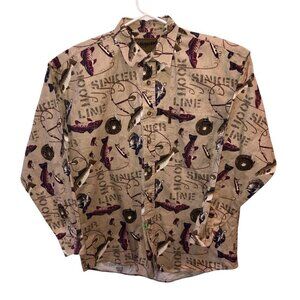 Magellan Mens Large Beige Fish Printed Long Sleeve Button Up Collar Shirt Size L